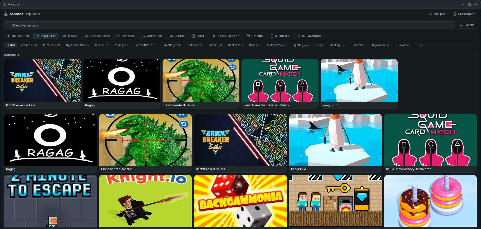 L’application Arcades : recherche, salles par catégorie, rangée « Reprendre » du joueur et grille de jeux HTML5.