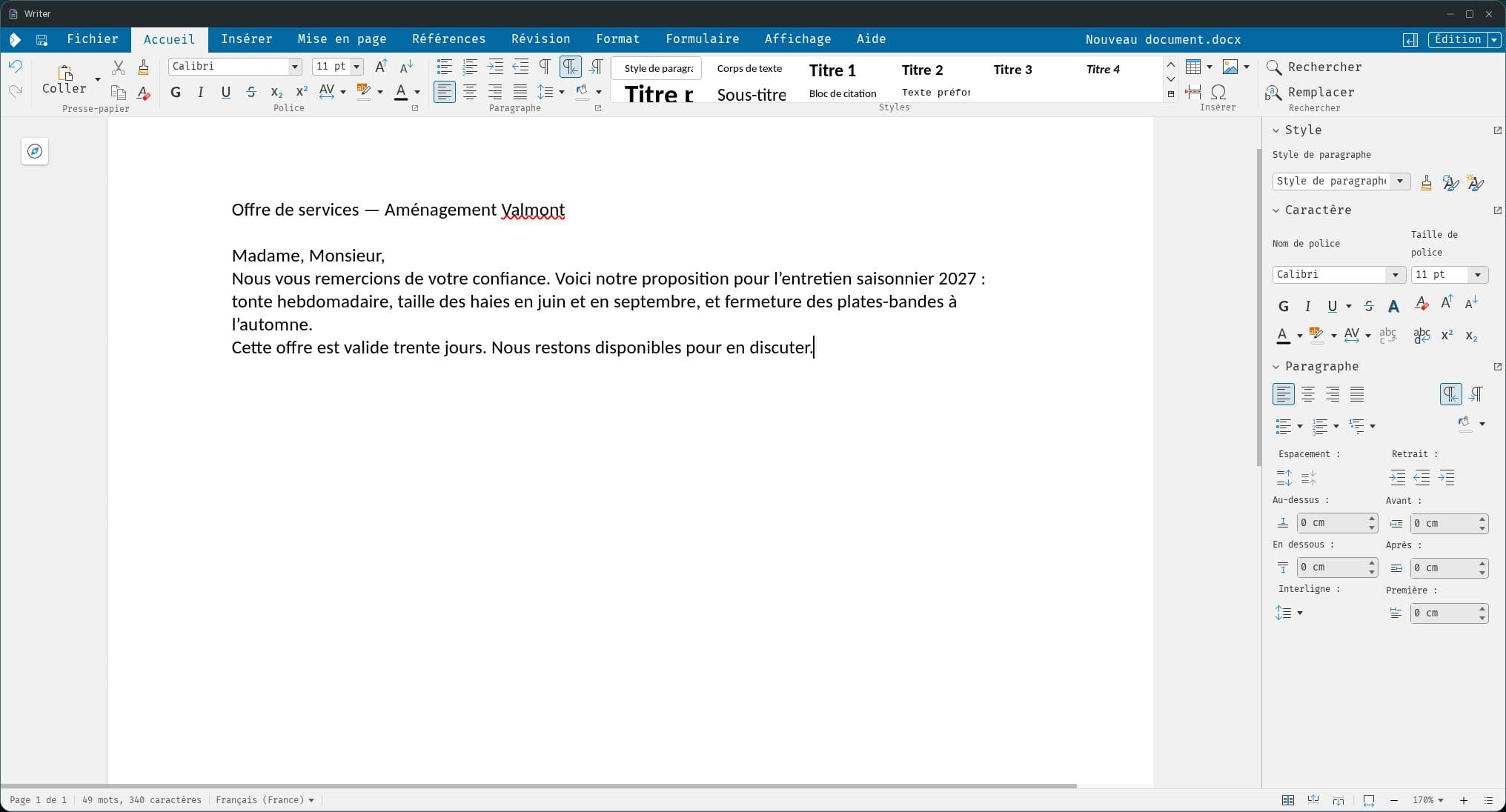 Writer, le traitement de texte en ligne : une offre de services en cours de rédaction, barre d’outils complète et panneau de styles.