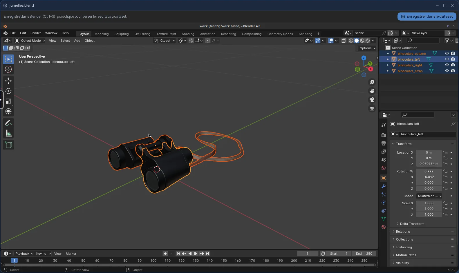 Blender dans Cloud OS : un modèle 3D de jumelles ouvert depuis Fichiers